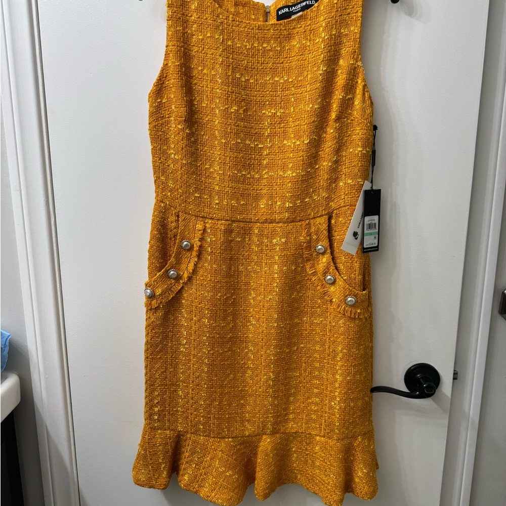Karl Lagerfeld Yellow Sheath Dress Sleeveless Crew Neck